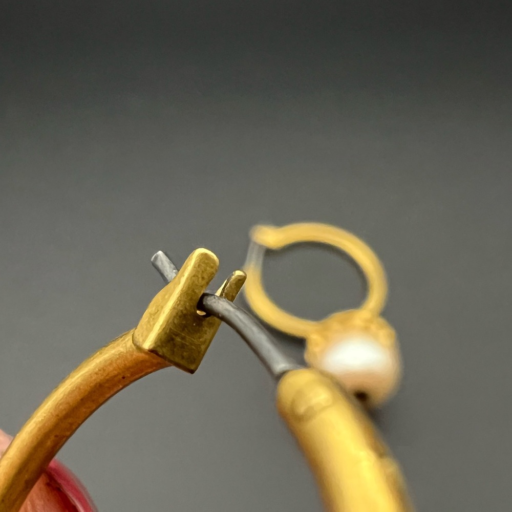 Gold Tone Hoop Earrings with Drop Faux Pearls - Picture 4 of 4